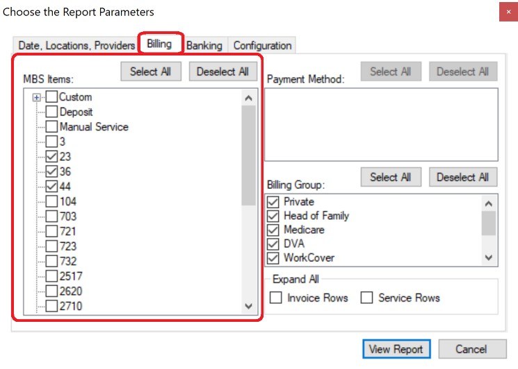 Choose Report Parameters - Billing