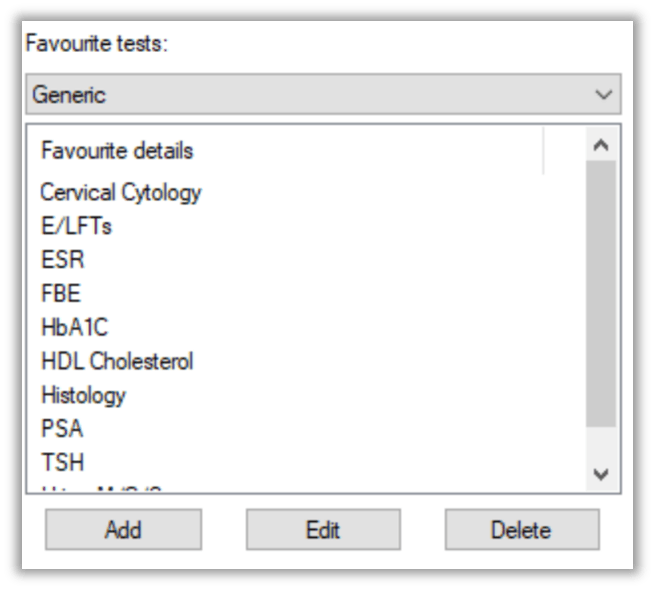 Favourites in Bp Premier Ordering Pathology