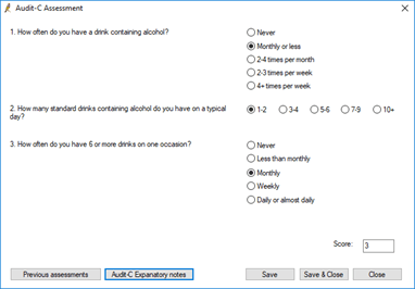 Covid-19 and Mental Health Audit-C Screenshot