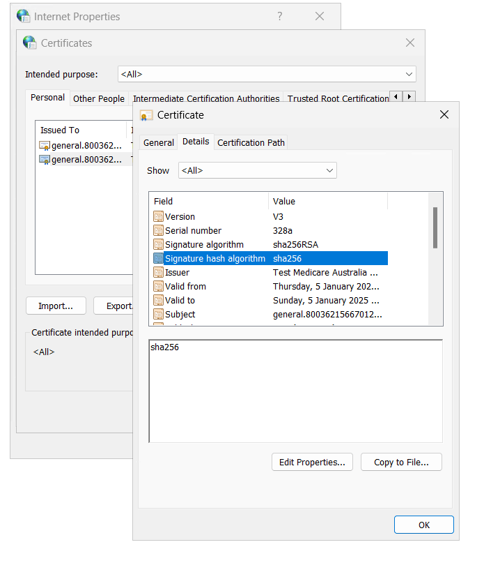 Medicare SHA-1 PKI Certificate Screenshot